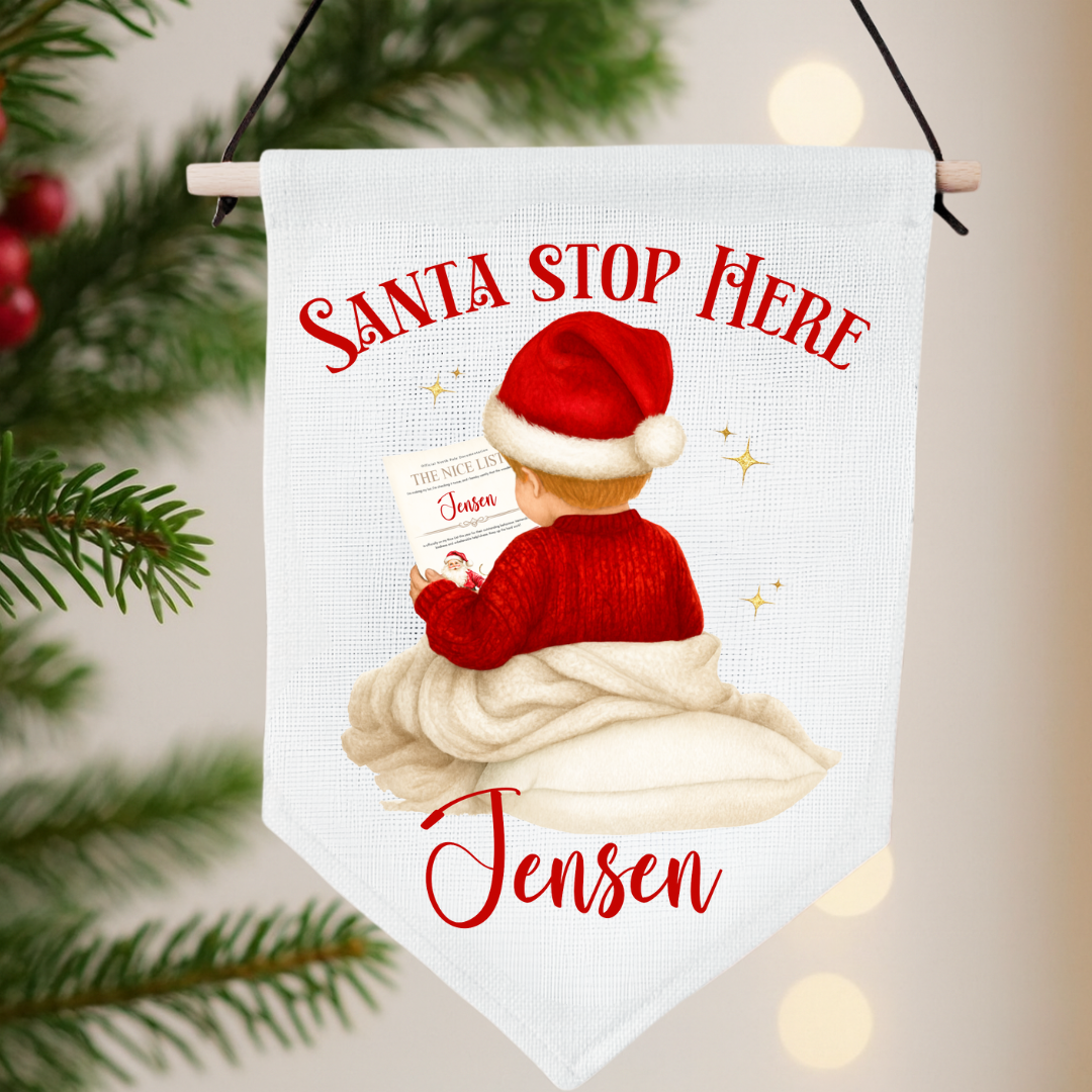 Personalised Santa Stop Here Pennant - Nice List Boy
