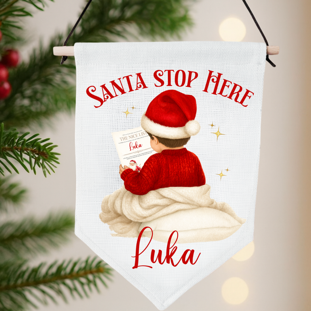 Personalised Santa Stop Here Pennant - Nice List Boy