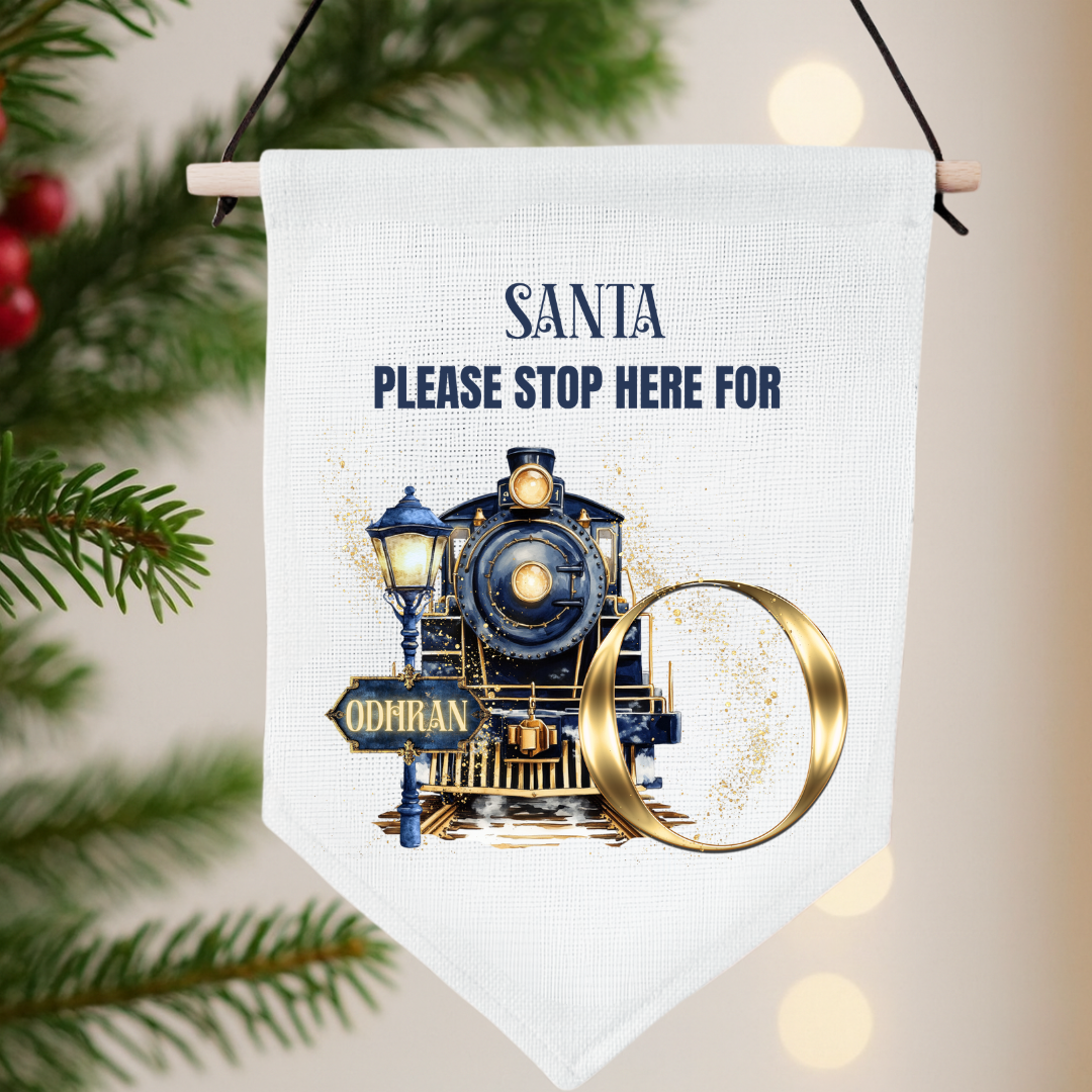 Personalised Santa Stop Here Pennant - Navy Train