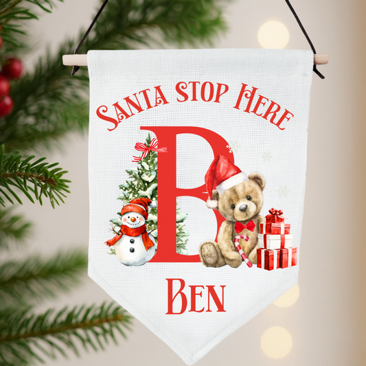 Personalised Santa Stop Here Pennant - Teddy