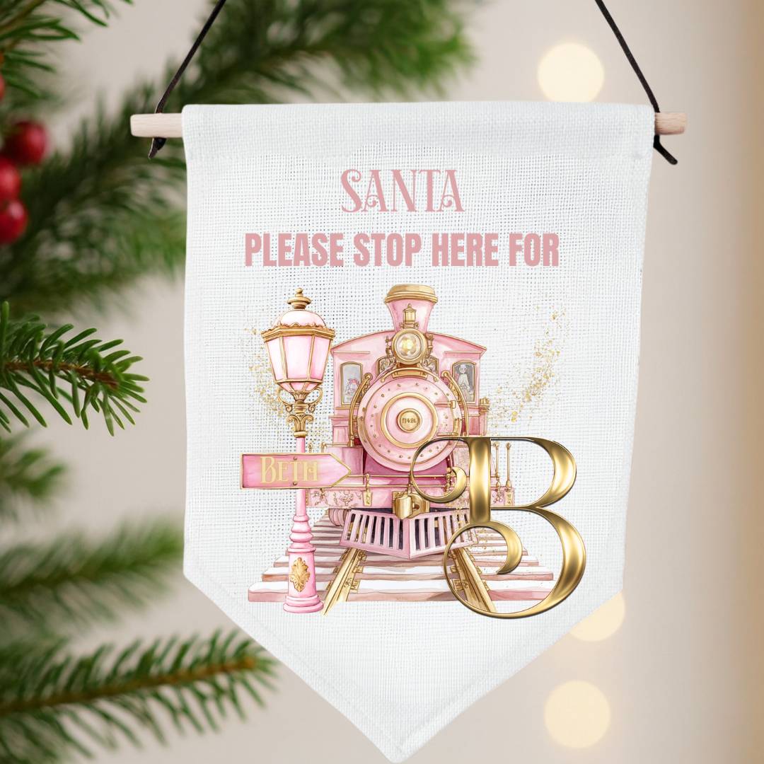 Personalised Santa Stop Here Pennant - Pink Train