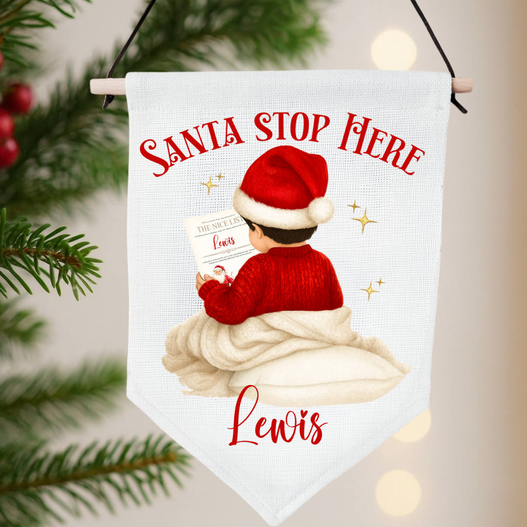 Personalised Santa Stop Here Pennant - Nice List Boy