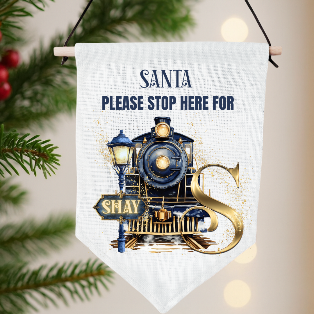 Personalised Santa Stop Here Pennant - Navy Train