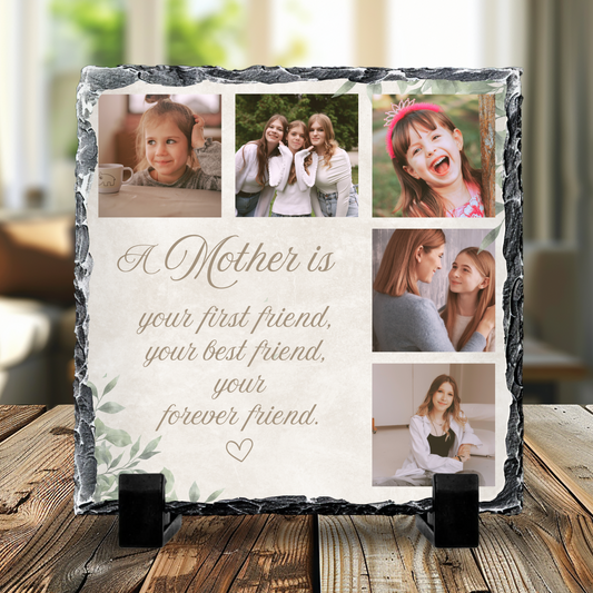 Personalized photo plaque with family photos and a quote on a wooden surface.