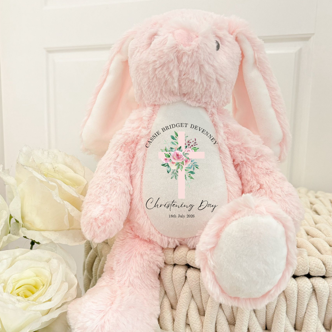 Personalised Christening Bunny - Pink Flower Cross