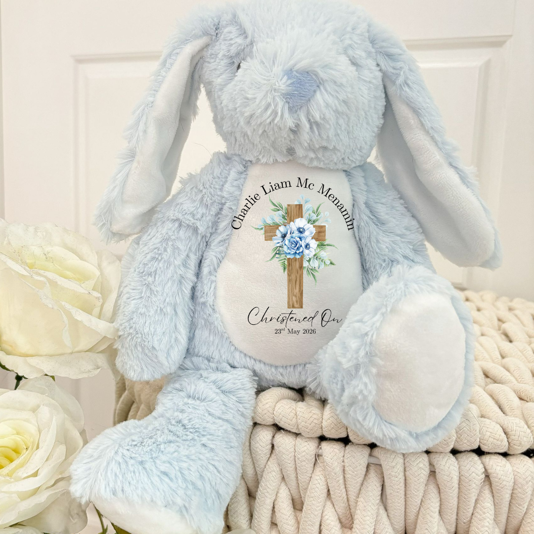 Personalised Christening Bunny - Blue Flower Cross