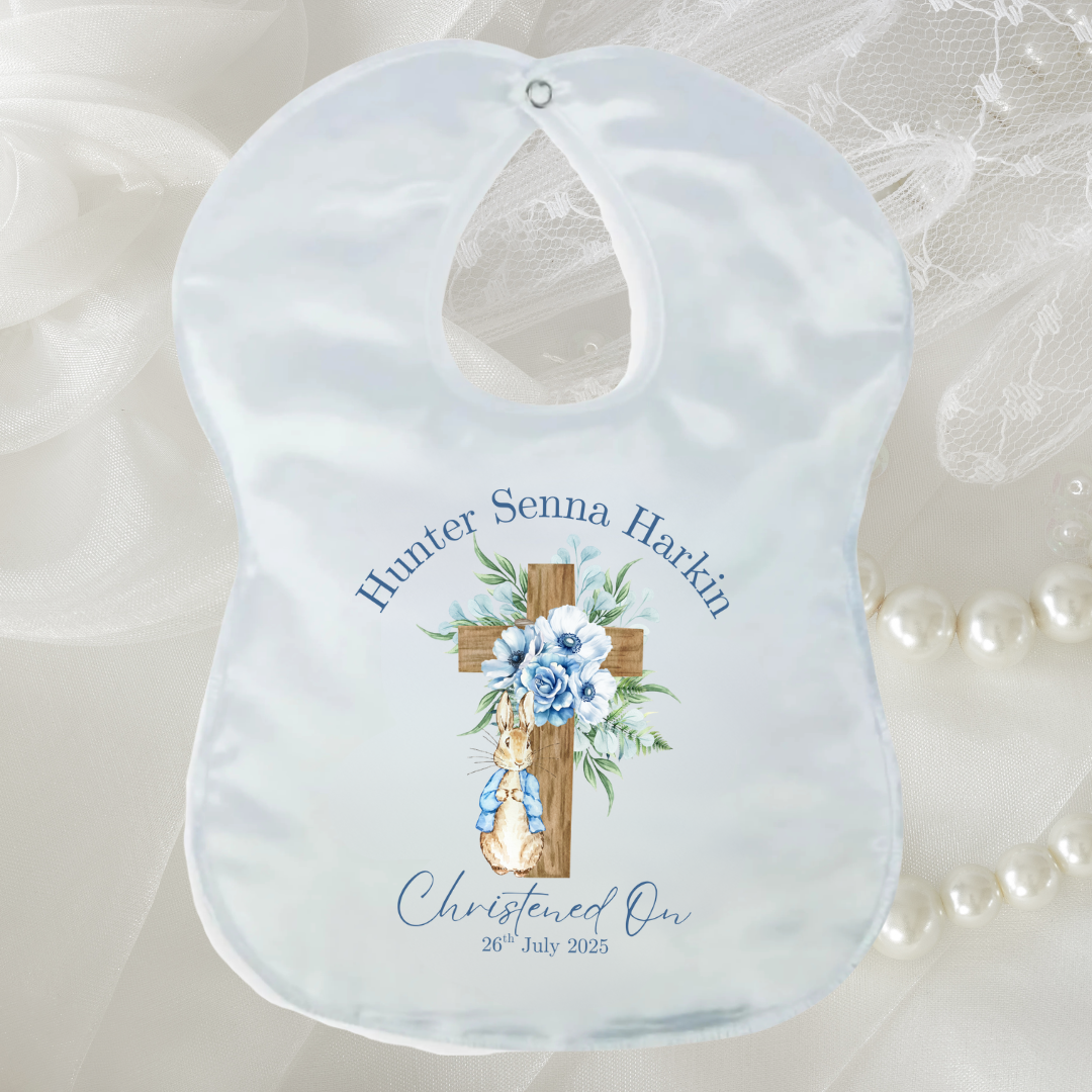 Personalised Christening/Baptism Bib - Little Rabbit Blue