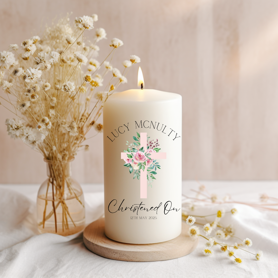 Flower Cross Christening Candle
