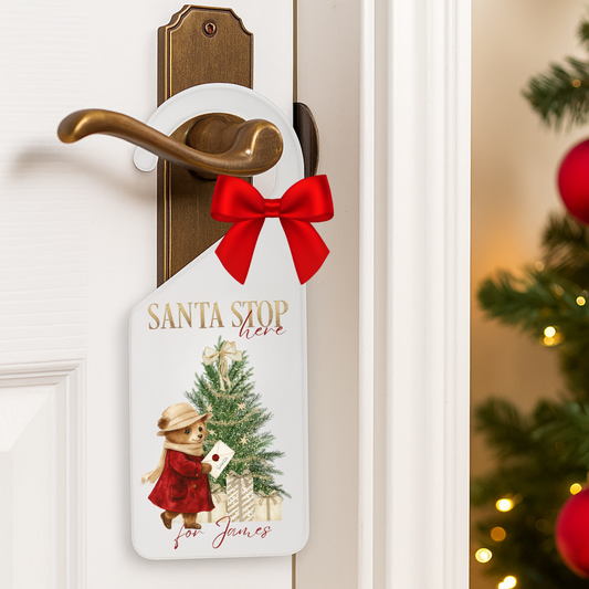 Personalised Santa Stop Here Door Hanger - Boy Bunny
