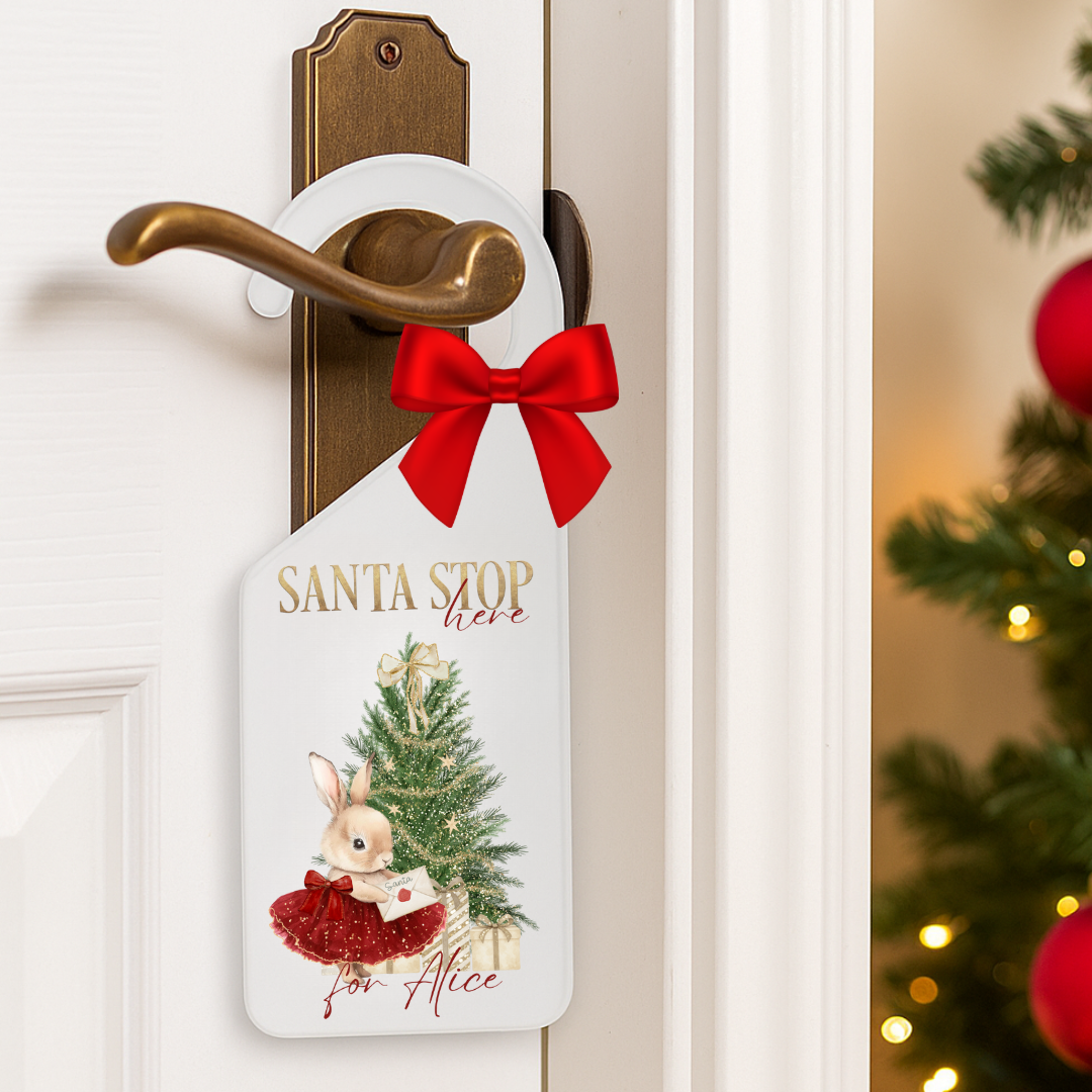 Personalised Santa Stop Here Door Hanger - Girl Bunny