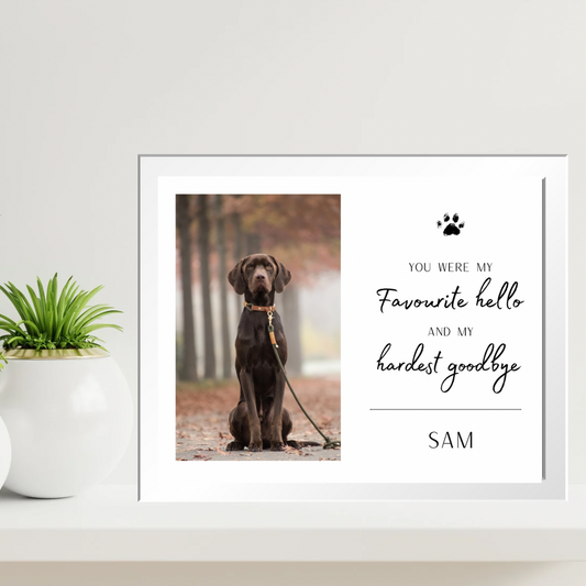 Favourite Hello, Hardest Goodbye – Pet Memorial print in Frame