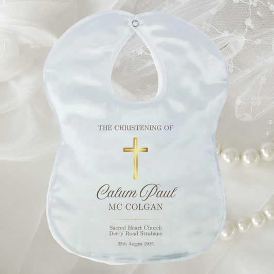 Personalised Christening/Baptism Bib - Gold Cross