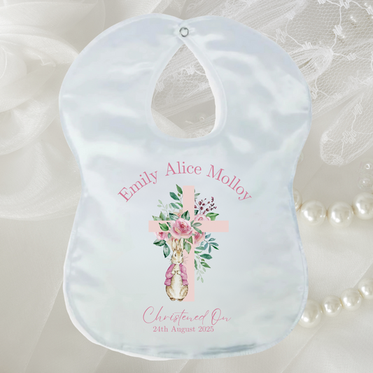 Personalised Christening/Baptism Bib - Little Rabbit Pink