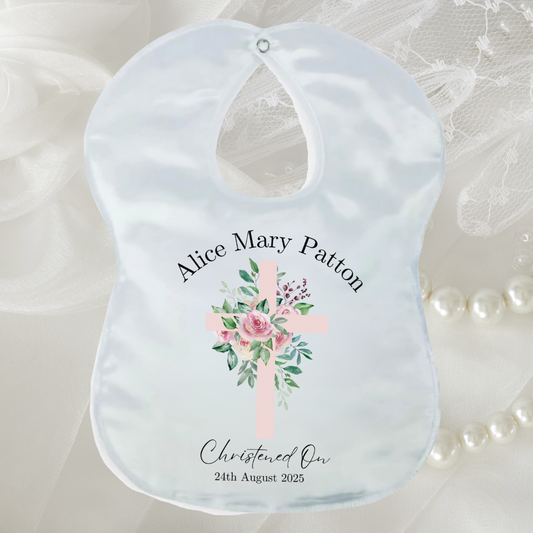 Personalised Christening/Baptism Bib - Pink Flower Cross