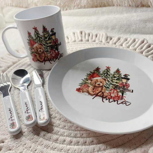 Personalised Christmas Teddy Bear Dinner Set