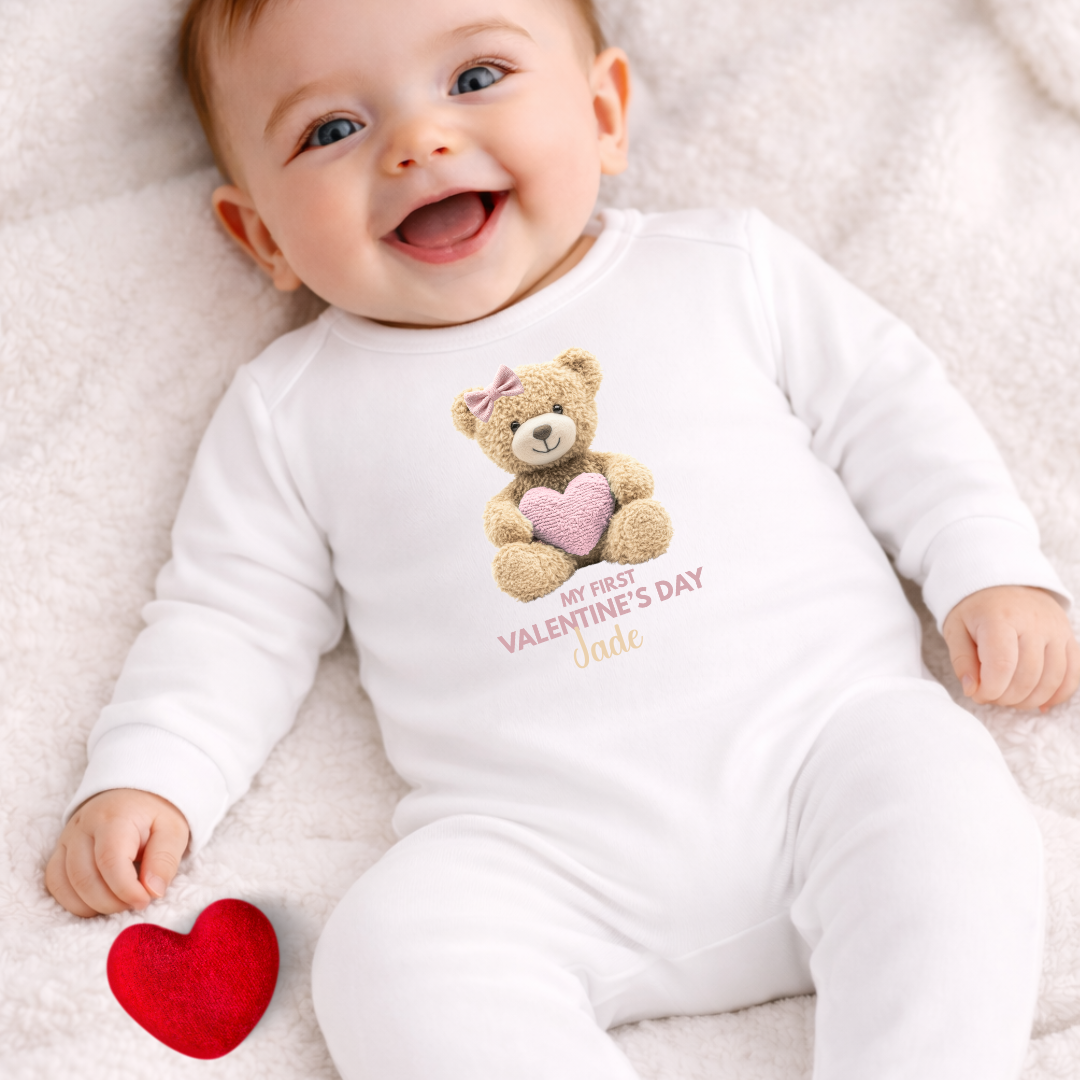 Personalised Valentine’s Baby Romper – My First Valentine - Pink TEDDY