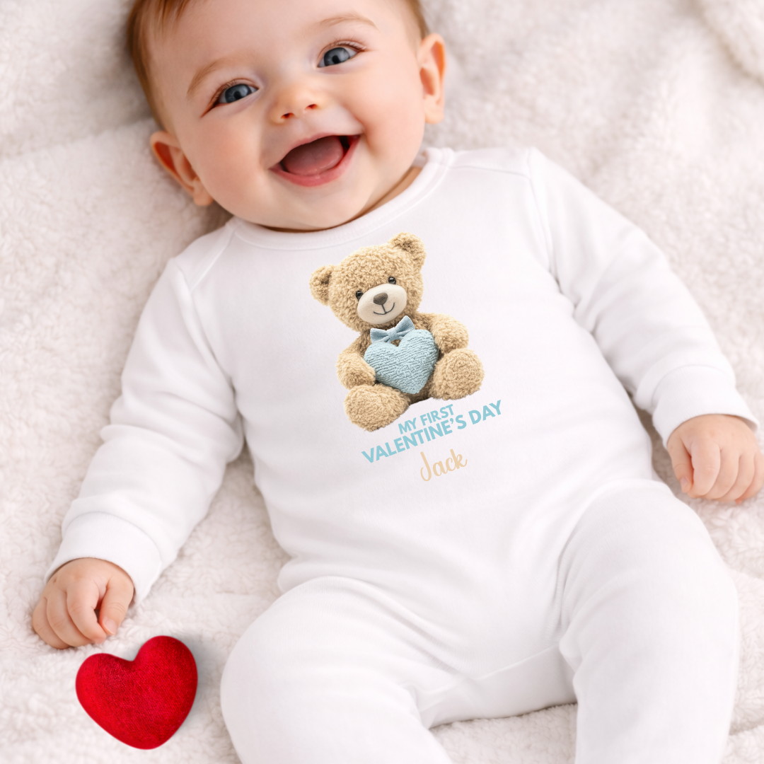 Personalised Valentine’s Baby Romper – My First Valentine - Blue Teddy