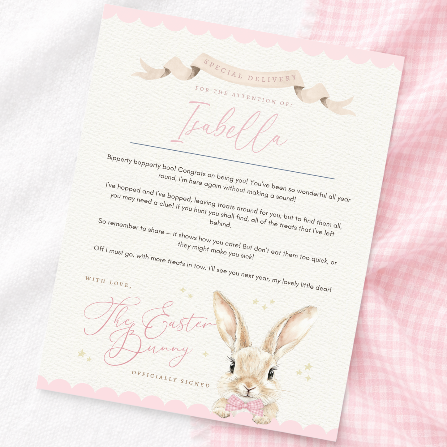 Easter A4 Certificate Gingham Bunny - Pink