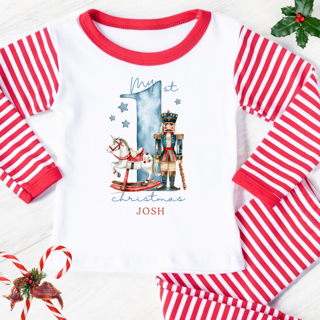 Personalised “My 1st Christmas” Pyjamas – Nutcracker & Rocking Horse Design