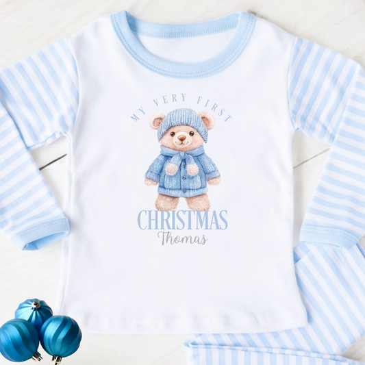 Personalised “My First Christmas” Pyjamas  - Blue Winter Teddy Design
