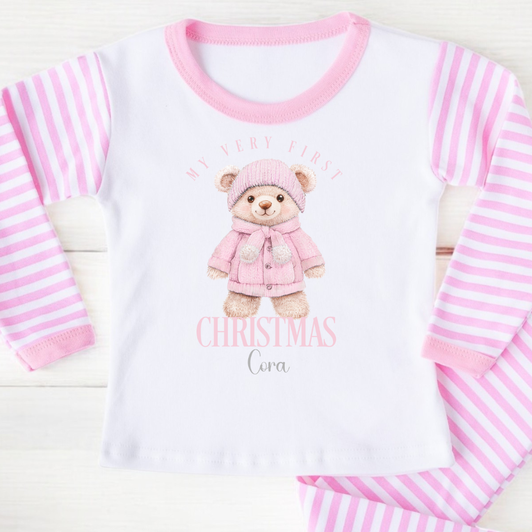 Personalised “My First Christmas” Pyjamas  - Pink Winter Teddy Design
