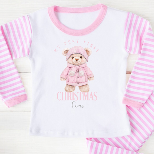 Personalised “My First Christmas” Pyjamas  - Pink Winter Teddy Design