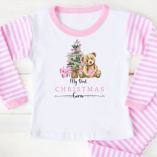 Personalised “My First Christmas” Pyjamas – Pink Teddy Design