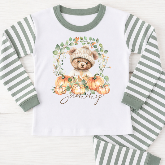 Personalised Autumn Teddy Bear Pyjamas - Sage Green